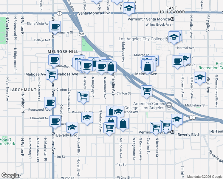 map of restaurants, bars, coffee shops, grocery stores, and more near in Los Angeles