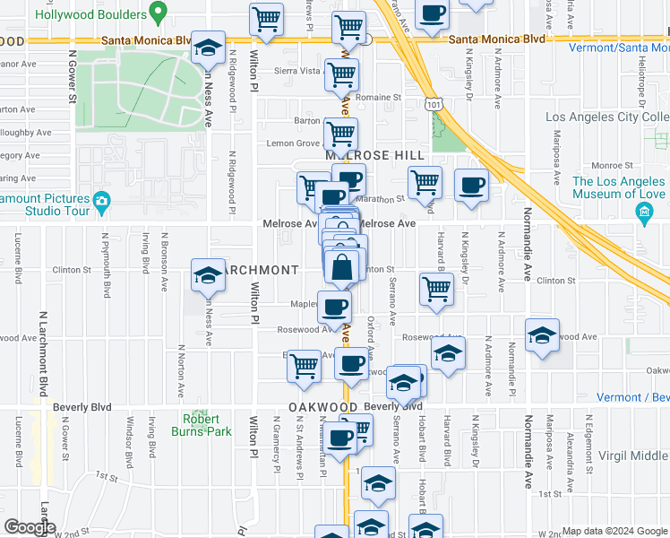 map of restaurants, bars, coffee shops, grocery stores, and more near 559 North Western Avenue in Los Angeles