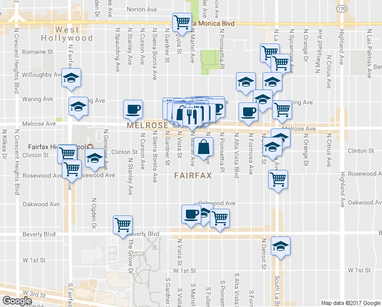 map of restaurants, bars, coffee shops, grocery stores, and more near 543 North Martel Avenue in Los Angeles