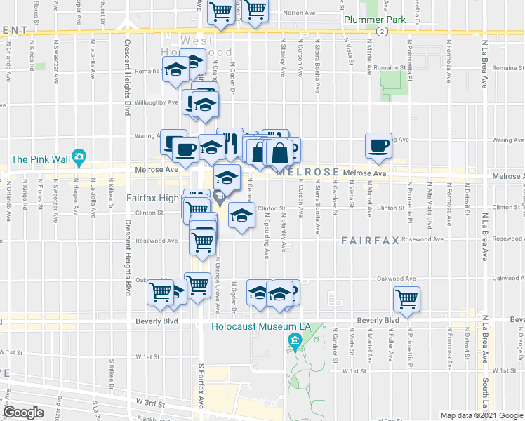 map of restaurants, bars, coffee shops, grocery stores, and more near 545 North Spaulding Avenue in Los Angeles