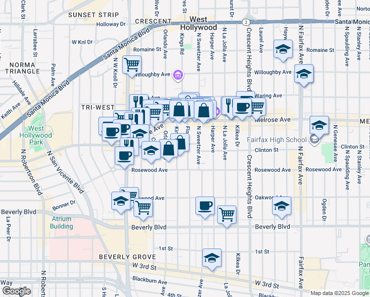 map of restaurants, bars, coffee shops, grocery stores, and more near 546 North Flores Street in West Hollywood