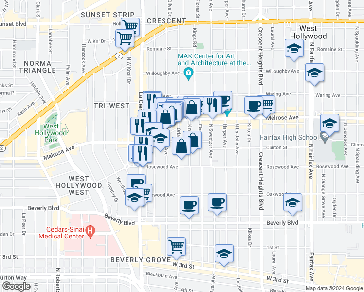 map of restaurants, bars, coffee shops, grocery stores, and more near 547 North Kings Road in West Hollywood