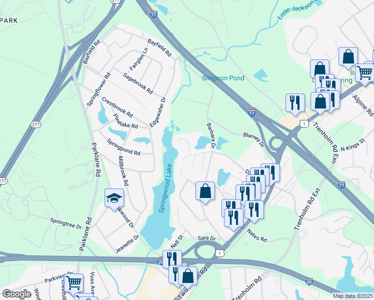 map of restaurants, bars, coffee shops, grocery stores, and more near 1728 Springwoods Lake Drive in Columbia