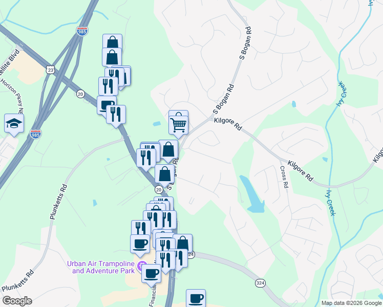 map of restaurants, bars, coffee shops, grocery stores, and more near 3556 Harvest Ridge Lane Northeast in Buford