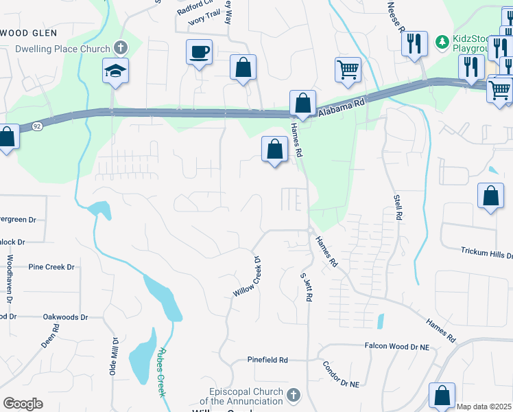 map of restaurants, bars, coffee shops, grocery stores, and more near 5223 Willow Ridge Drive in Woodstock