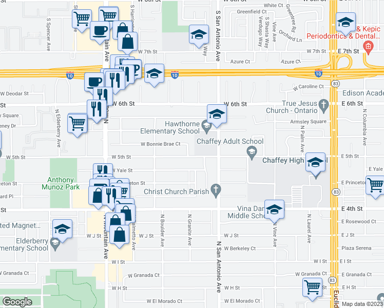 map of restaurants, bars, coffee shops, grocery stores, and more near 802 West Bonnie Brae Court in Ontario
