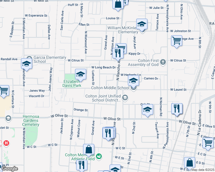 map of restaurants, bars, coffee shops, grocery stores, and more near 1300 North Tejon Avenue in Colton