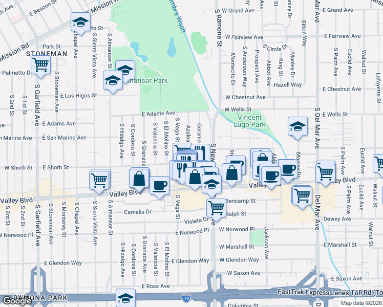 map of restaurants, bars, coffee shops, grocery stores, and more near 1132 Azalea Drive in Alhambra