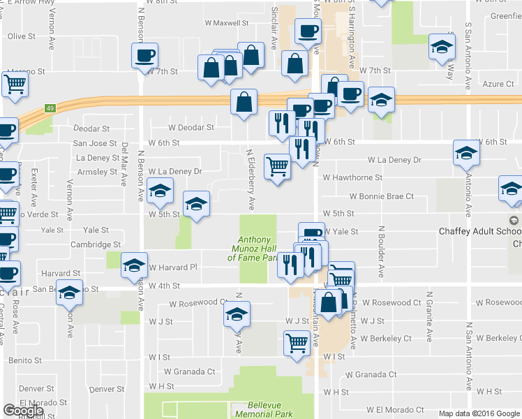 map of restaurants, bars, coffee shops, grocery stores, and more near 1232 W 5th St in Ontario