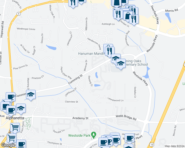 map of restaurants, bars, coffee shops, grocery stores, and more near 110 Sterling Court in Alpharetta