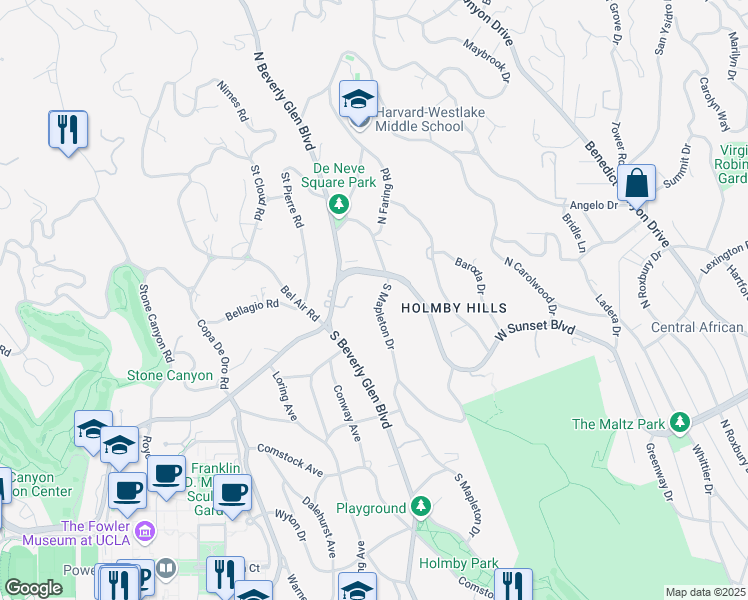 map of restaurants, bars, coffee shops, grocery stores, and more near 133 South Mapleton Drive in Los Angeles