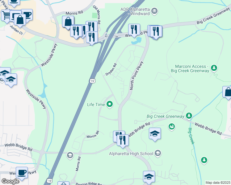 map of restaurants, bars, coffee shops, grocery stores, and more near 12385 Morris Road in Alpharetta