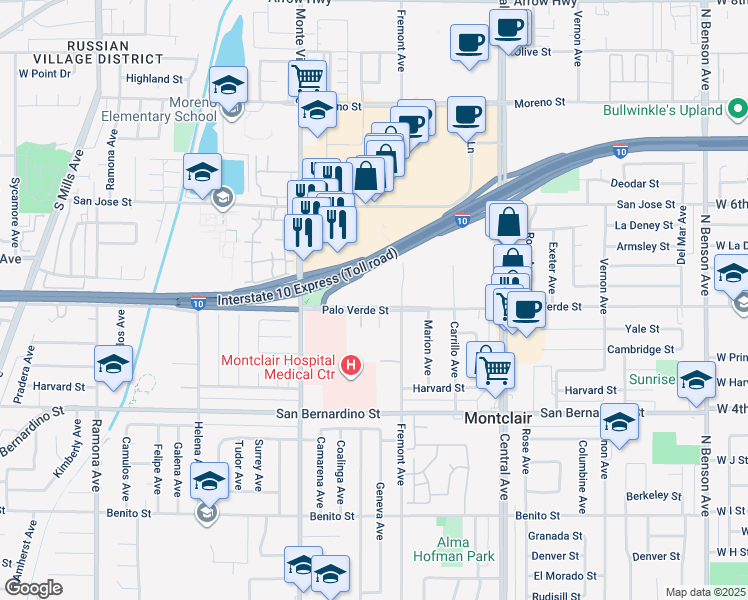 map of restaurants, bars, coffee shops, grocery stores, and more near 5050 Palo Verde Street in Montclair