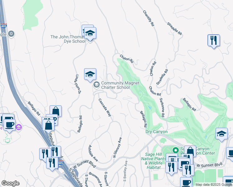 map of restaurants, bars, coffee shops, grocery stores, and more near 11101 Chalon Road in Los Angeles