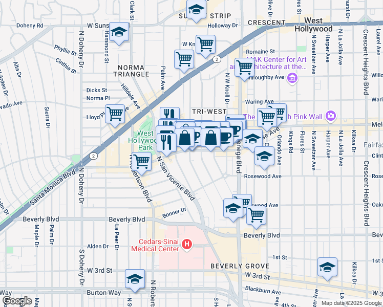 map of restaurants, bars, coffee shops, grocery stores, and more near 573 Westbourne Drive in West Hollywood