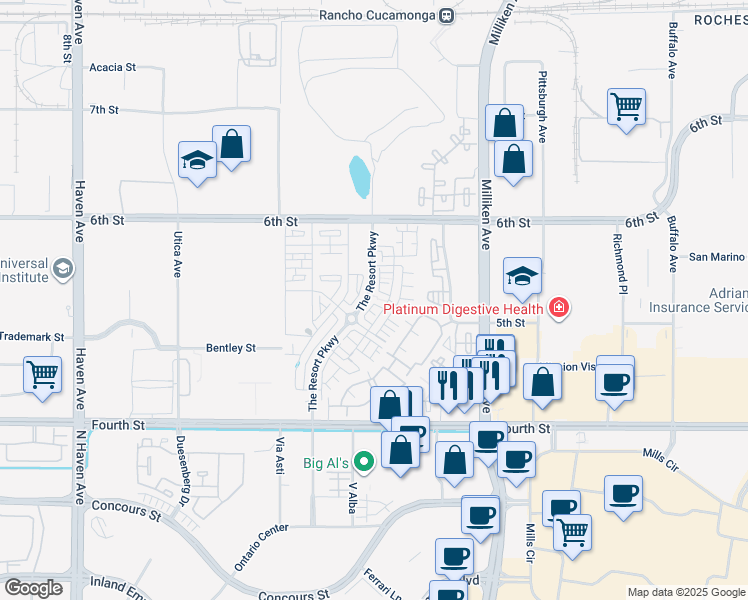 map of restaurants, bars, coffee shops, grocery stores, and more near 11006 Serenity Drive in Rancho Cucamonga
