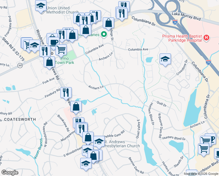 map of restaurants, bars, coffee shops, grocery stores, and more near 402 Shortbow Court in Columbia