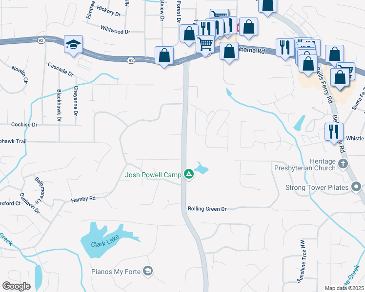 map of restaurants, bars, coffee shops, grocery stores, and more near 5329 Wade Green Road Northwest in Acworth