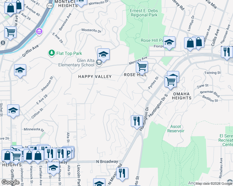 map of restaurants, bars, coffee shops, grocery stores, and more near 3117 Amethyst Street in Los Angeles