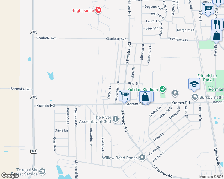 map of restaurants, bars, coffee shops, grocery stores, and more near 1005 Corbin Drive in Burkburnett