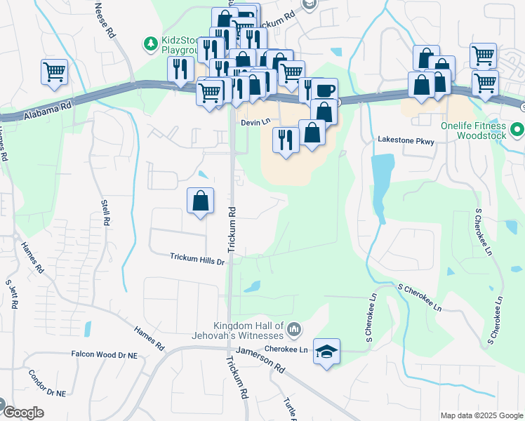map of restaurants, bars, coffee shops, grocery stores, and more near 3394 Popcorn Drive in Woodstock