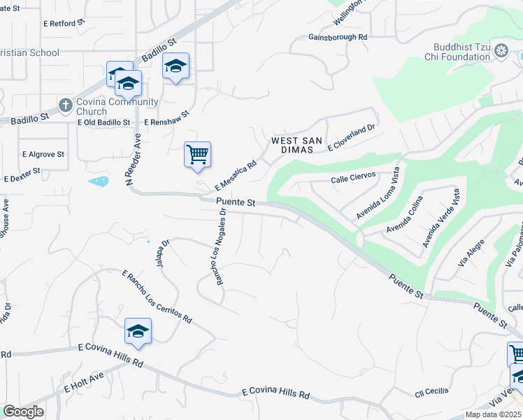 map of restaurants, bars, coffee shops, grocery stores, and more near 2127 Rancho Culebra Drive in Covina