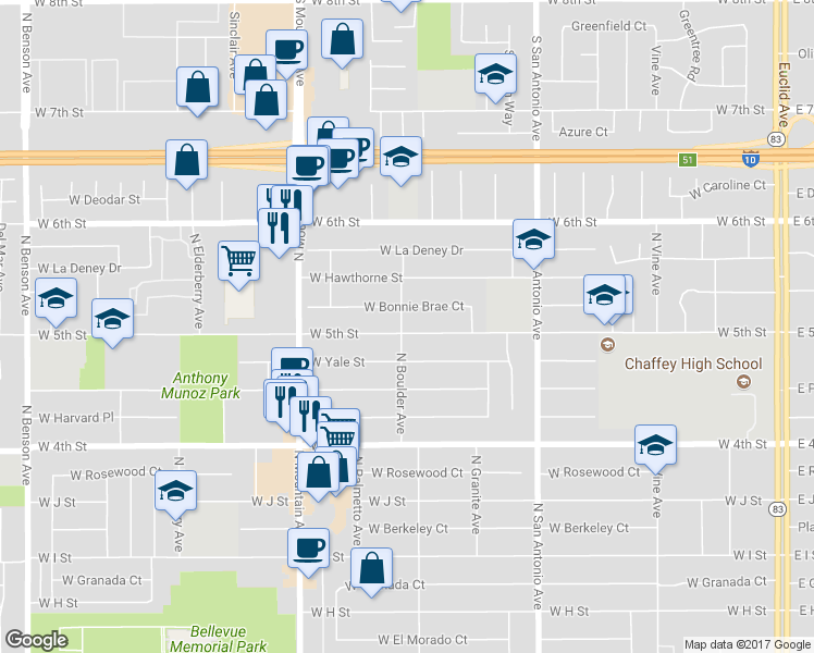 map of restaurants, bars, coffee shops, grocery stores, and more near 914 West 5th Street in Ontario