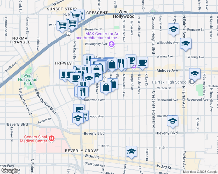 map of restaurants, bars, coffee shops, grocery stores, and more near 557 Kings Road in West Hollywood