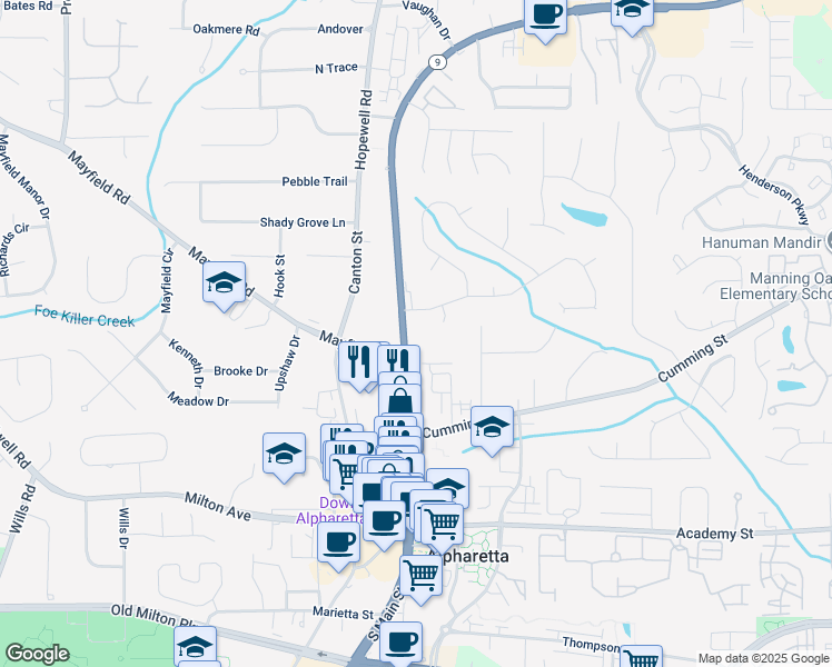 map of restaurants, bars, coffee shops, grocery stores, and more near 253 North Main Street in Alpharetta