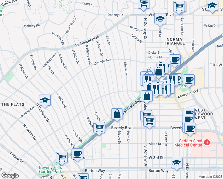 map of restaurants, bars, coffee shops, grocery stores, and more near 604 North Arden Drive in Beverly Hills