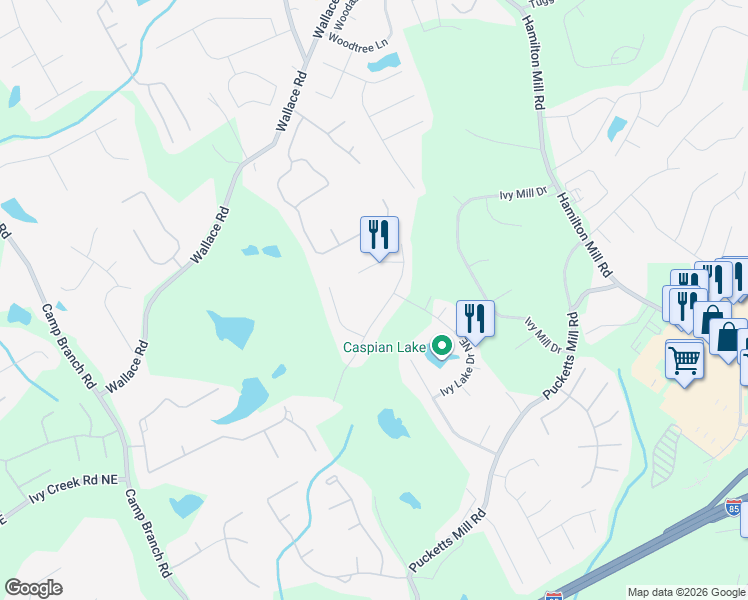 map of restaurants, bars, coffee shops, grocery stores, and more near 3252 Camens Way Northeast in Buford