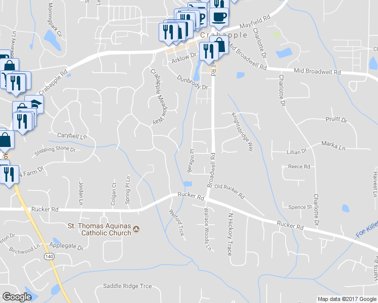 map of restaurants, bars, coffee shops, grocery stores, and more near 12360 Beragio Place in Alpharetta