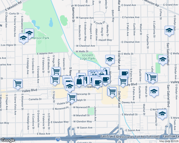 map of restaurants, bars, coffee shops, grocery stores, and more near 1515 Prospect Avenue in San Gabriel