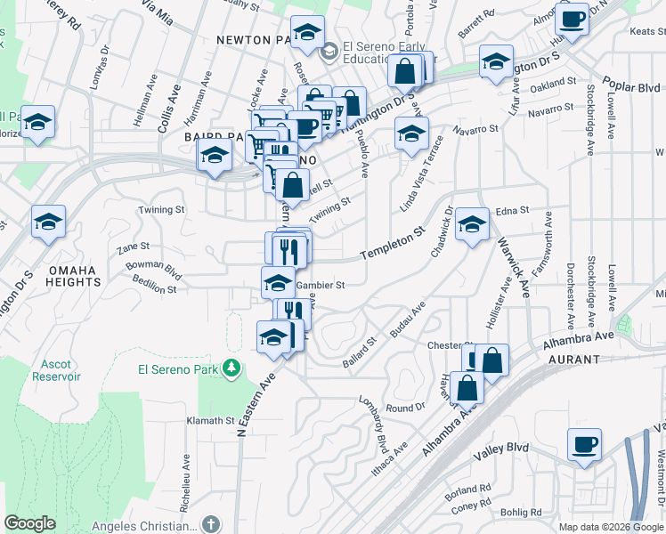 map of restaurants, bars, coffee shops, grocery stores, and more near 4926 Templeton Street in Los Angeles