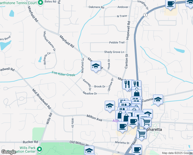 map of restaurants, bars, coffee shops, grocery stores, and more near 192 Mayfield Road in Alpharetta