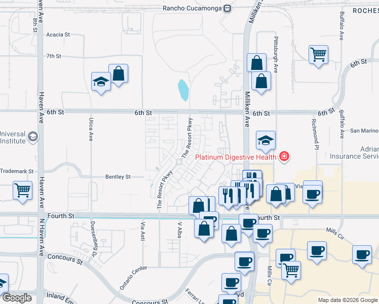 map of restaurants, bars, coffee shops, grocery stores, and more near 11004 Serenity Drive in Rancho Cucamonga