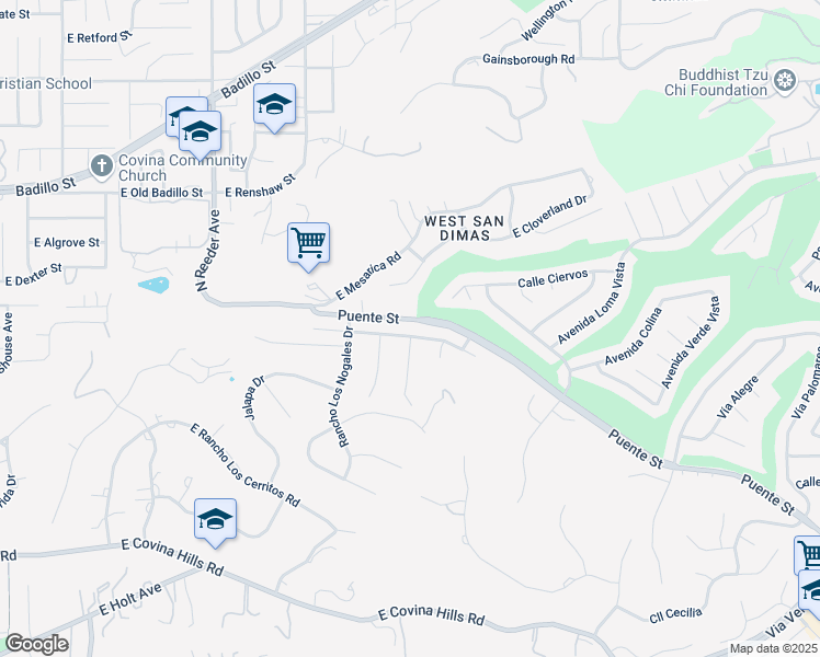 map of restaurants, bars, coffee shops, grocery stores, and more near 2127 Rancho Culebra Drive in Covina
