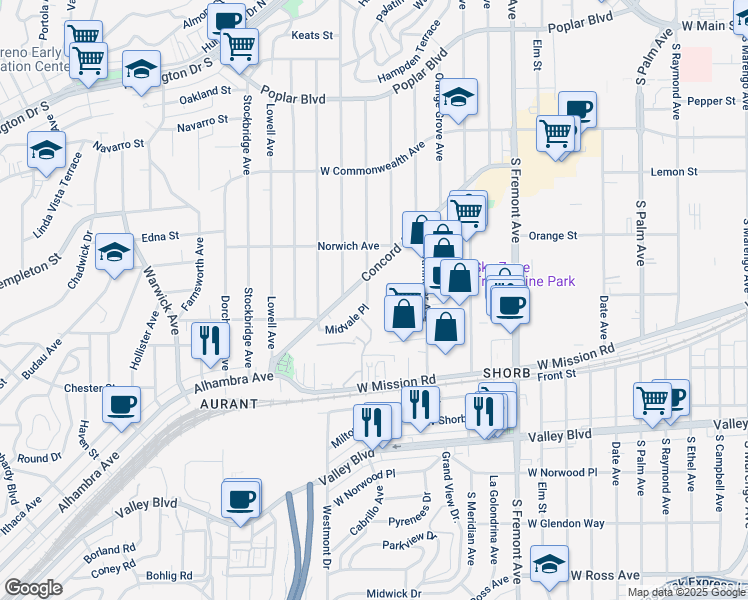 map of restaurants, bars, coffee shops, grocery stores, and more near 1100 Winthrop Drive in Alhambra