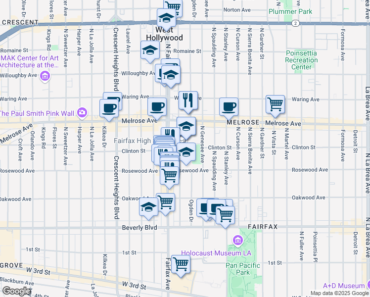 map of restaurants, bars, coffee shops, grocery stores, and more near 7850 Melrose Avenue in Los Angeles