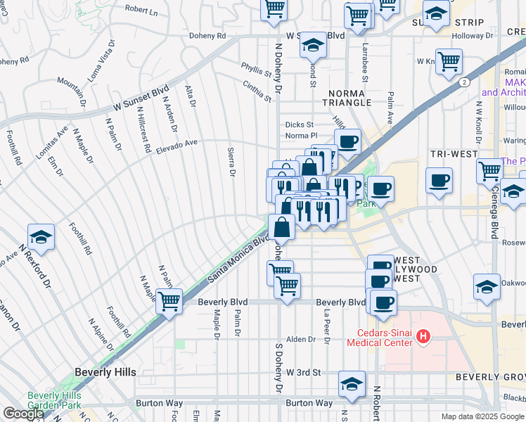map of restaurants, bars, coffee shops, grocery stores, and more near 602 Carmelita Avenue in Beverly Hills