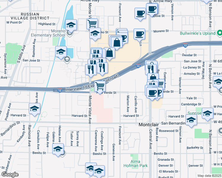 map of restaurants, bars, coffee shops, grocery stores, and more near 5050 Palo Verde Street in Montclair