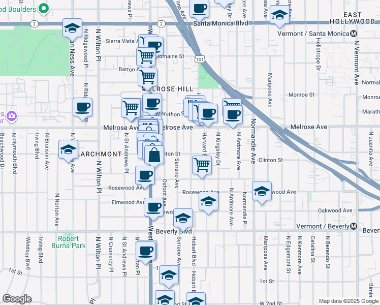 map of restaurants, bars, coffee shops, grocery stores, and more near 531 North Hobart Boulevard in Los Angeles