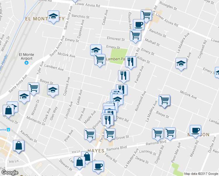 map of restaurants, bars, coffee shops, grocery stores, and more near 11452 Lambert Avenue in El Monte