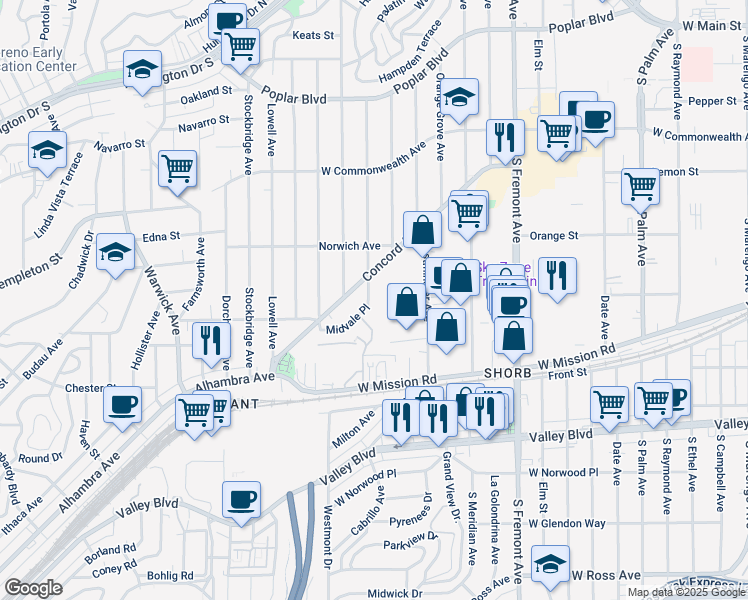 map of restaurants, bars, coffee shops, grocery stores, and more near 1100 Winthrop Drive in Alhambra