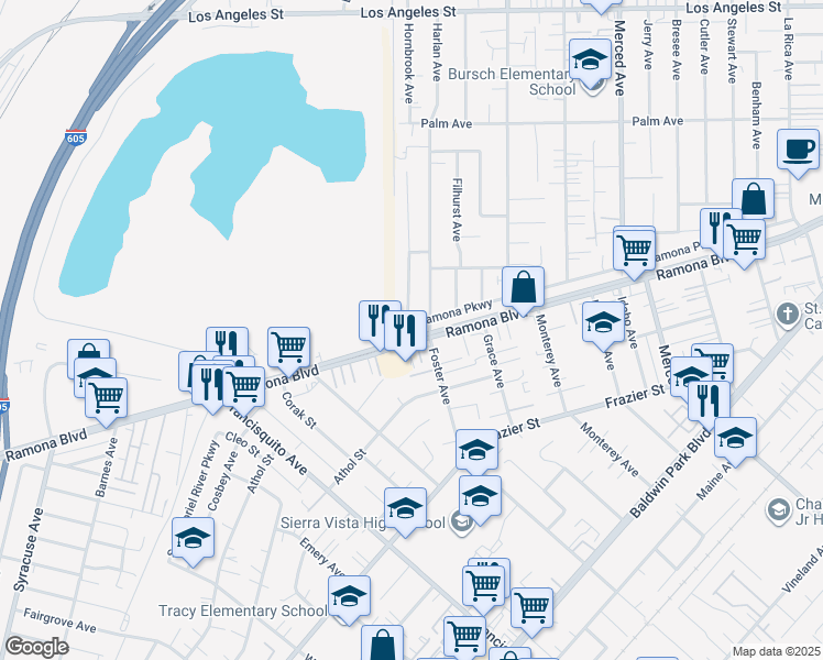 map of restaurants, bars, coffee shops, grocery stores, and more near in Baldwin Park