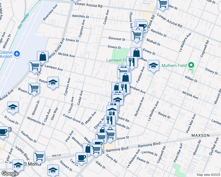 map of restaurants, bars, coffee shops, grocery stores, and more near 11452 Lambert Avenue in El Monte