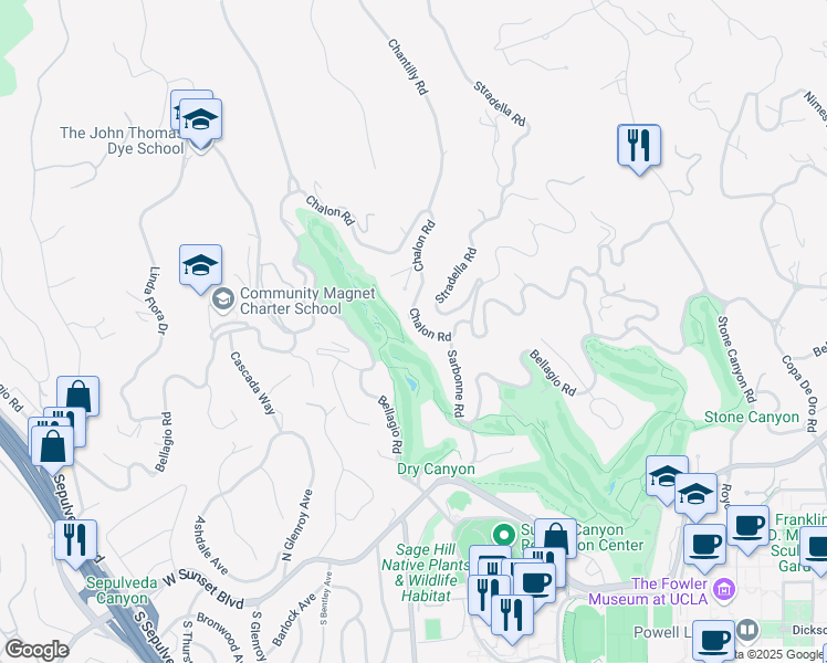 map of restaurants, bars, coffee shops, grocery stores, and more near 10824 Chalon Road in Los Angeles