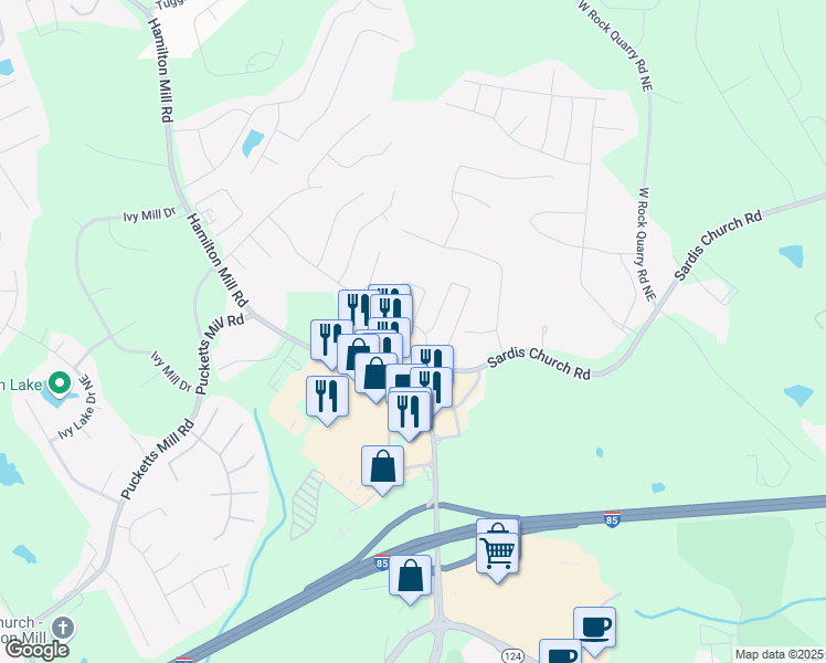 map of restaurants, bars, coffee shops, grocery stores, and more near 3314 Sardis Bend Drive in Buford