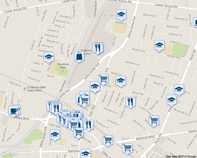 map of restaurants, bars, coffee shops, grocery stores, and more near 10926 Bryant Road in El Monte