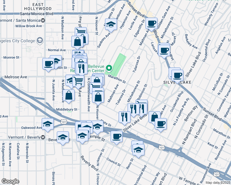 map of restaurants, bars, coffee shops, grocery stores, and more near 647 Maltman Avenue in Los Angeles